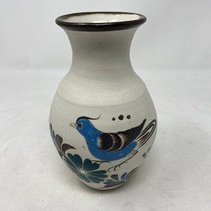 Tonala Style Mexican Pottery Folk Art Vase with Blue Bird and Flowers